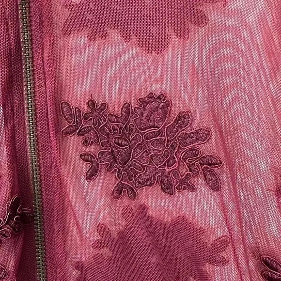 Torrid Womens Sheer Mesh Burgundy Lace Floral Embroidered Zip-Up Long Sleeve Jac - Picture 15 of 16